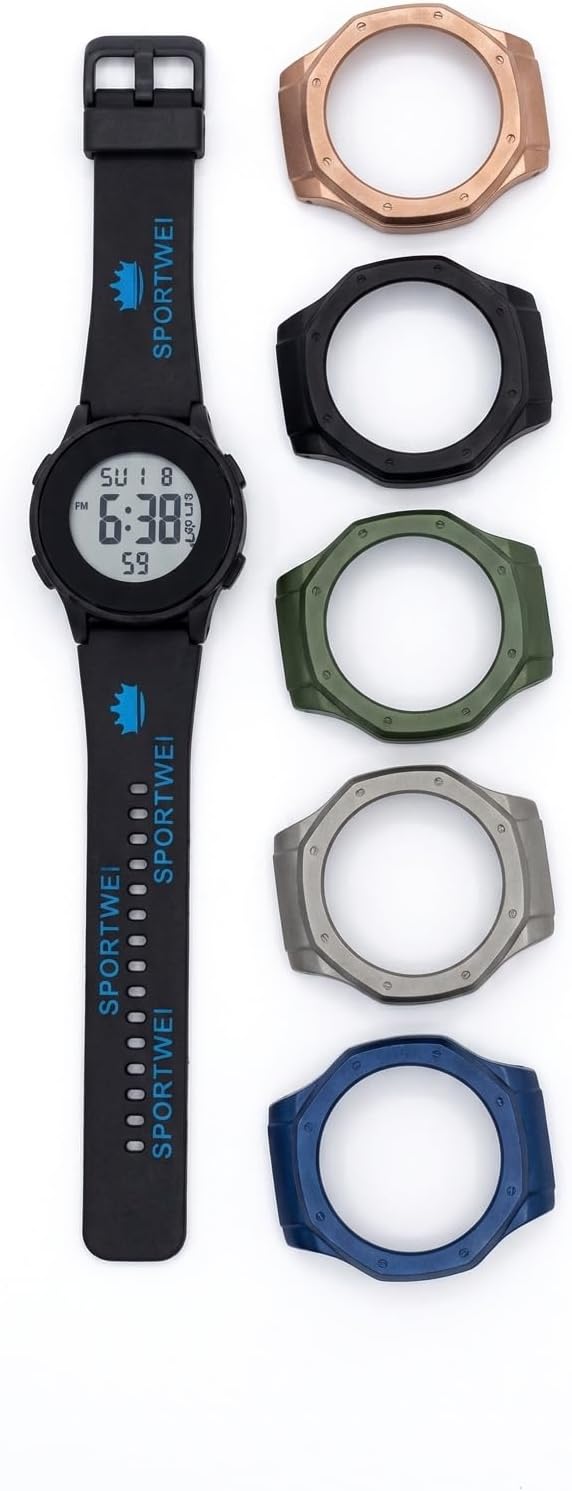 Sportwei Digital Sports Watch for Men & Women | Interchangeable Multi-Style Changeable Bezel Watch | Waterproof LED Display Watch | Alarm, Date & Stopwatch | Stylish Silicone Strap Wrist Watch