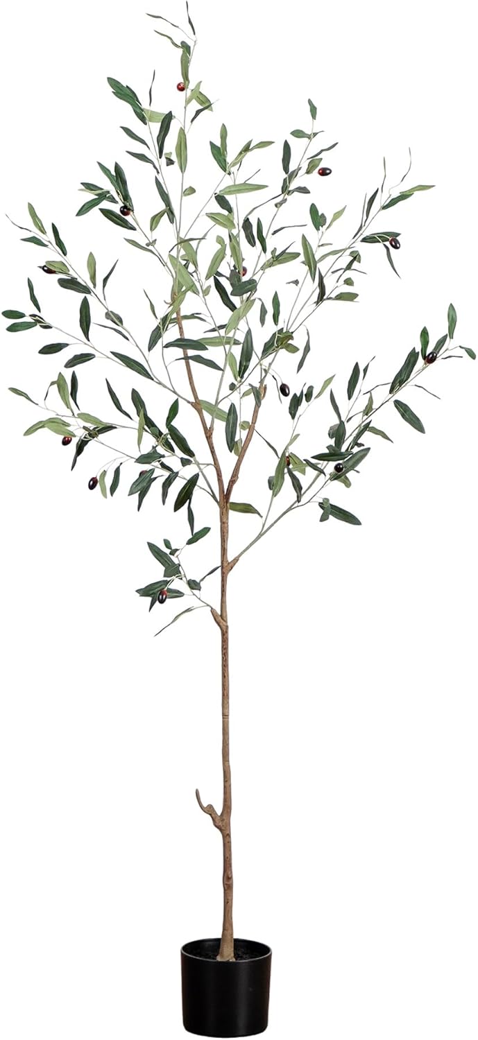 Nearly Natural 5ft Minimalist Olive Tree - Artificial Slim Tree with Faux Olives, Bendable Branches, Premium Crafted Leaves, Includes Nursery Planter, Ideal for Indoor Decor