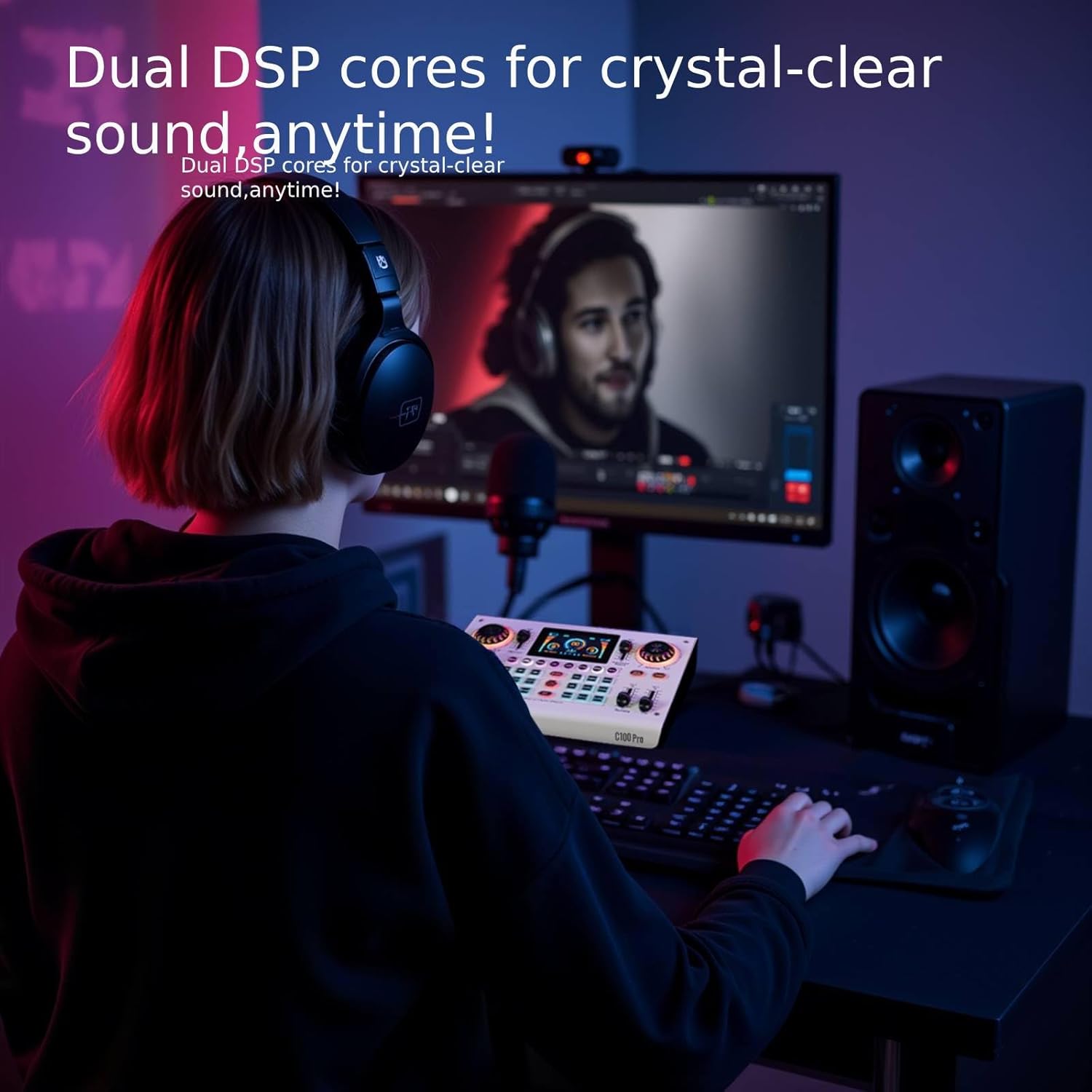Person using HICALL C100 PRO with headphones, illustrating dual DSP cores
