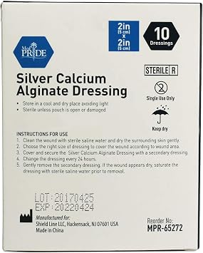 MED PRIDE Silver Calcium Alginate Wound Dressing Pads, Antimicrobial, Non-Stick, Sterile, Highly Absorbent, 10-Pack (2'' x 2'' Silver)