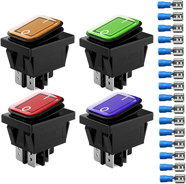 Gebildet 4pcs 12V 24V 20A Waterproof Rocker Toggle Switch with LED Indicator, 4 Pin 2 Position DPST ON-OFF Switch for Car Truck Motorcycle Boat Marine (Red Yellow Blue Green)