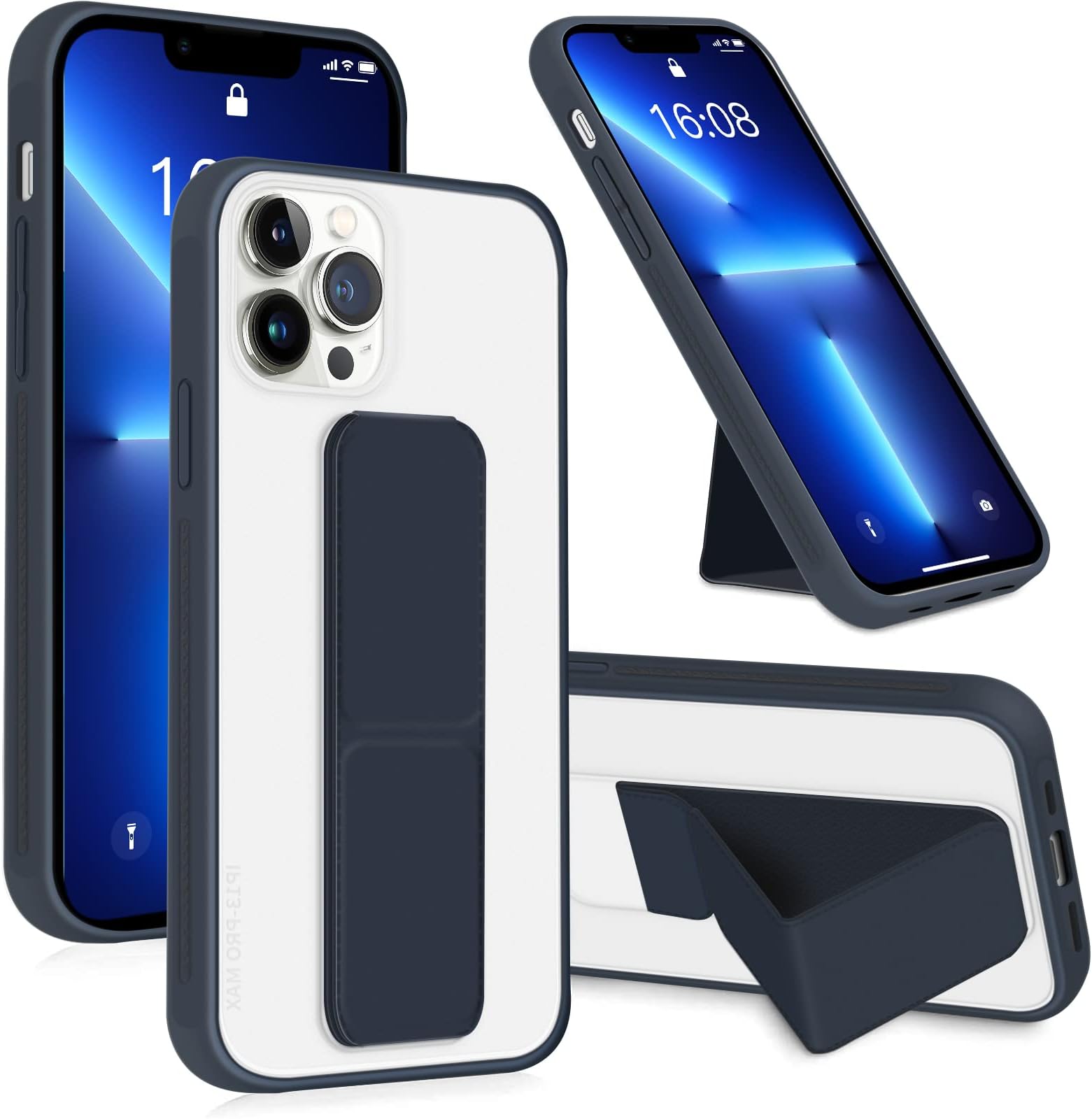 INFOSUN iPhone 13 Pro Case Cover, Matte Stand Foldable Kickstand Hand Grip Frosted Holder Phone Cover for 13 Pro 6.1 inch(Navy Blue)