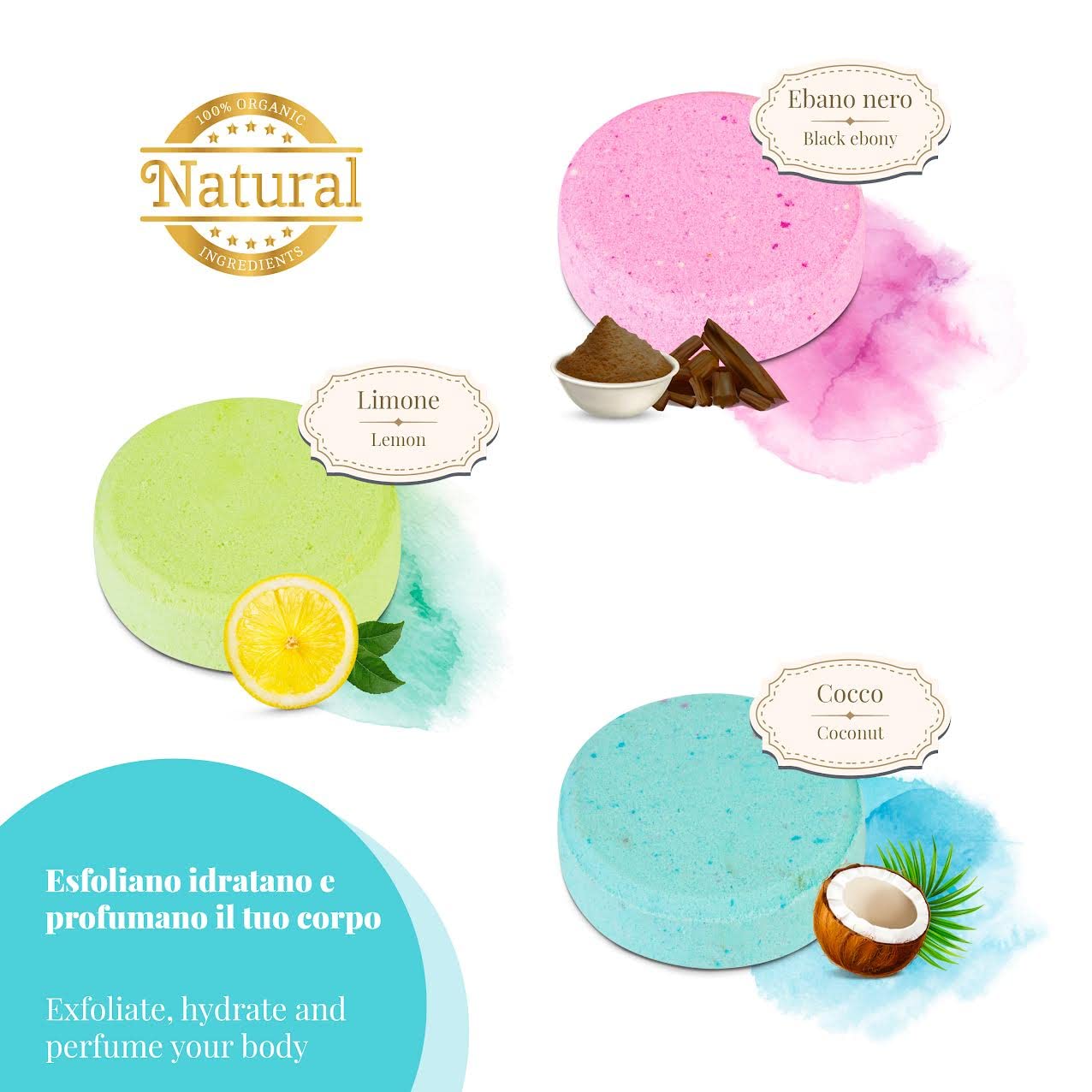 3 Bombe Da Doccia fatte a Mano, Made in ITALY, 3 azioni in 1 Scrub Oli Essenziali, Aromaterapia, Relax e Benessere. Naturali Vegane Bio. Bombe Da Bagno. Idea Regalo Donna, Ragazza, Utile, Originale.