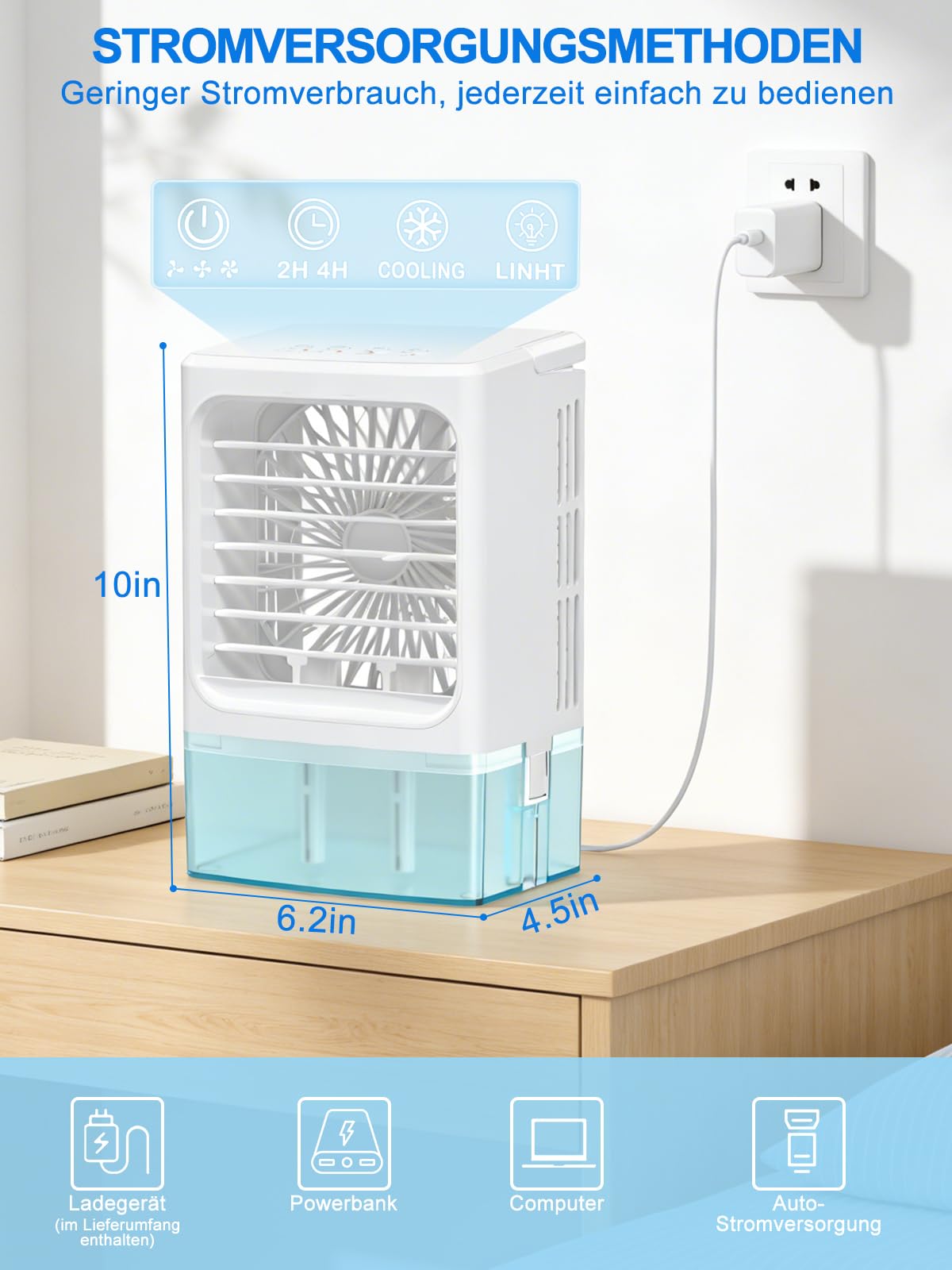 Mini Klimaanlage Ventilator 4-in-1, Lüfter, Luftkühler mit Befeuchter & LED Licht, 900ml Wassertank, 3 Geschwindigkeiten, 60° Verstellbar, USB 5V, Leise Mobiler Air Cooler für Büro Schlafzimmer Auto