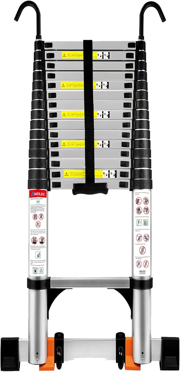 Telescoping Ladder with Hooks, 20.3 FT, Stabilizer & Wheels, Silver | 330 lb Capacity, Auto-Lock Rungs, Anti-Slip Feet; for Roof, Gutter, RV, Exterior Wall and Outdoor Maintenance