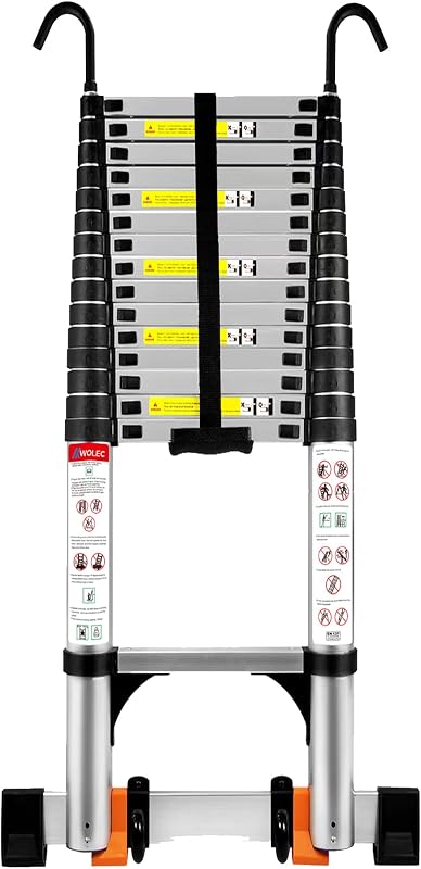Telescoping Ladder with Hooks, 20.3 FT, Stabilizer & Wheels, Silver | 330 lb Capacity, Auto-Lock Rungs, Anti-Slip Feet; for Roof, Gutter, RV, Exterior Wall and Outdoor Maintenance