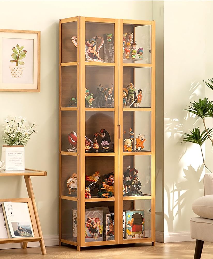 Armadietti curio con ante in vetro vetrina, vetrina curio con telaio in bambù naturale, sicuro e sano, design a doppia anta per una comoda conservazione (dimensioni: 32,5 N/82 cm/5F, colore: grigio