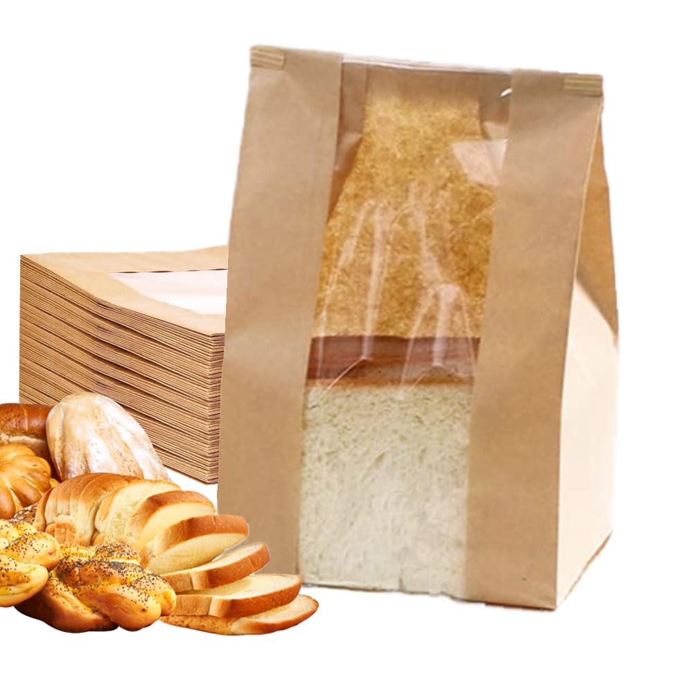 Dzozo Kraft Paper Color 50 Pcs Paper Bread Loaf Bags With Front Window - Poly Kraft Food Packaging Storage Bakery Bags
