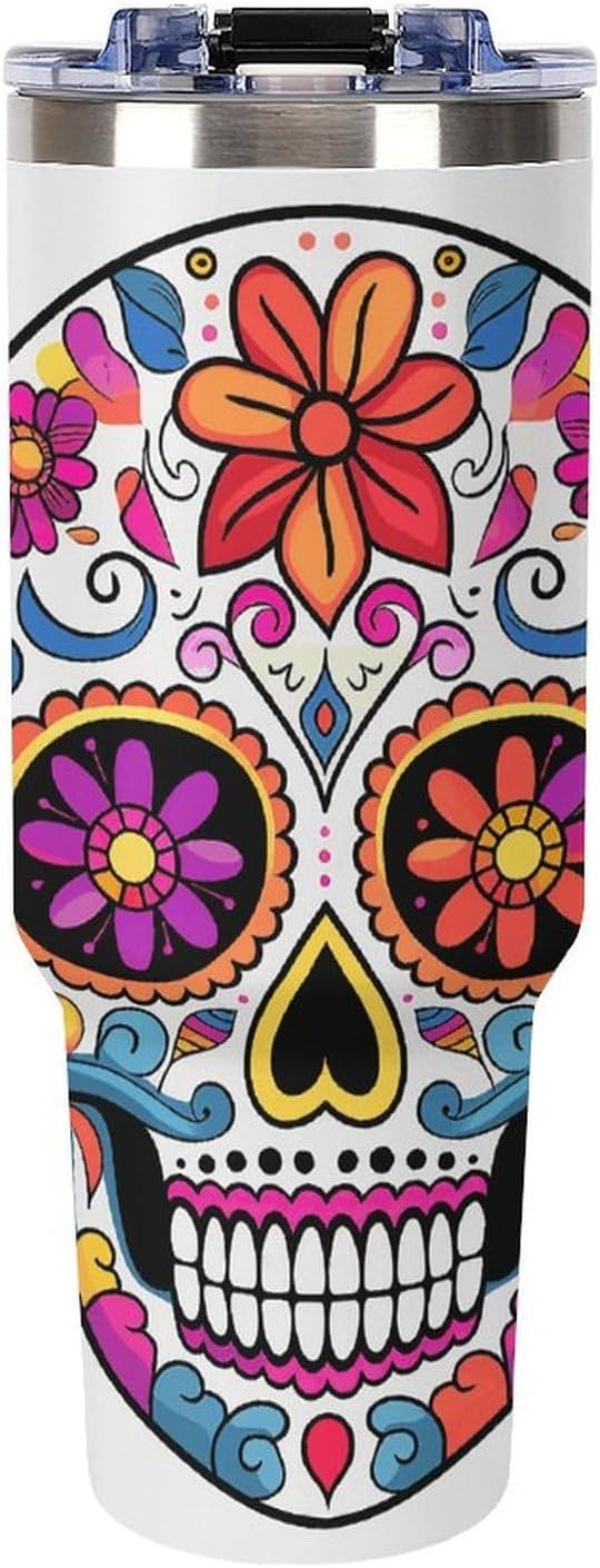 Sugar Skull Travel Coffee Mug Reusable Durable Stainless Steel Insulated Tumbler with Handle And Straw Leak Resistant Portable Thermal Cup Gifts for Men Women 40 Oz