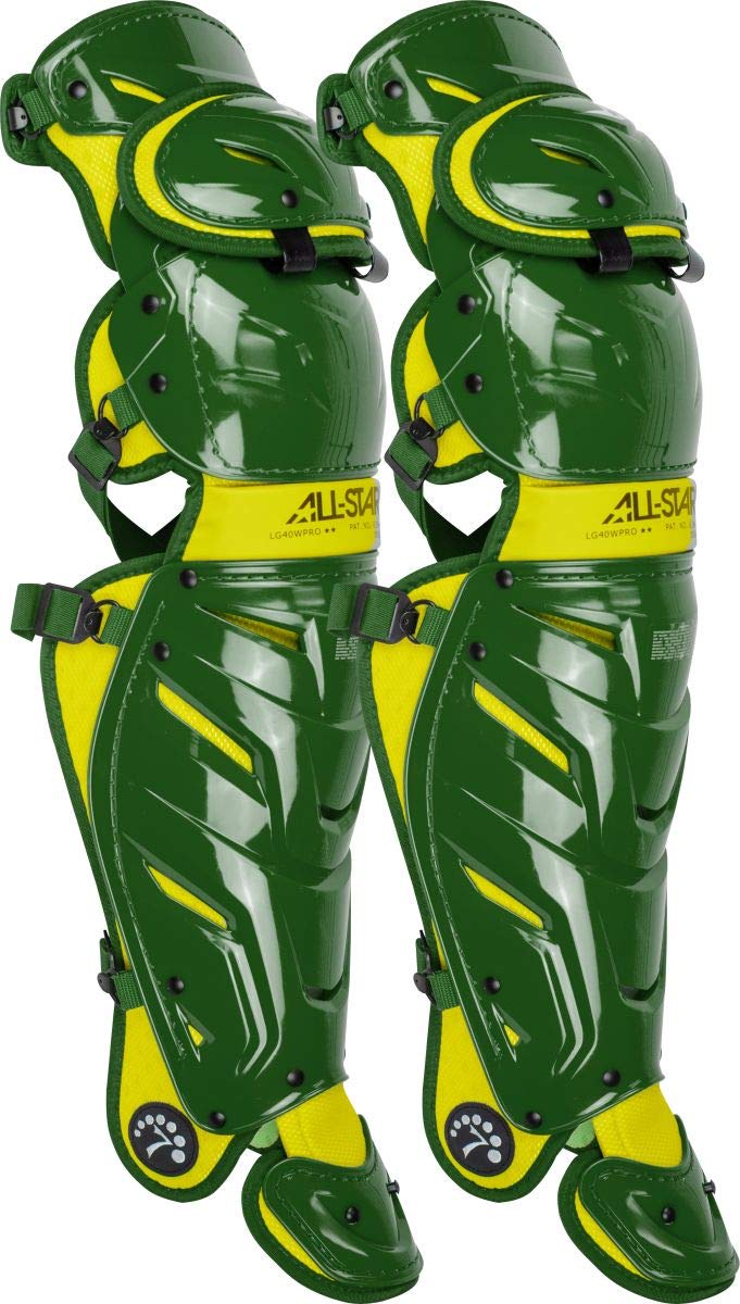 All Star Adult System 7 Axis Catcher Baseball Leg Guards Dark Green/Gold