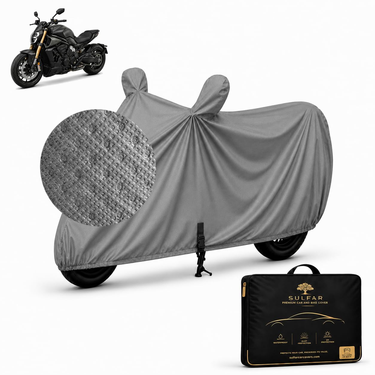 Sulfar Big Bike Cover for Ducati (Diavel V4) with Premium Storage Bag | Tie Bond Waterproof, Dustproof & UV Protected | All Weather Two Wheeler Cover (Grey)-image-11