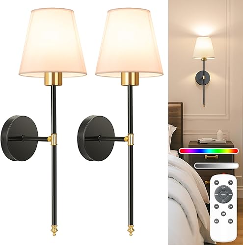 Miniatura 27 de NIORSUN Juego de 2 apliques de pared con pilas, luces de pared recargables doradas con bombillas regulables de 5200 mAh y control remoto, lámparas