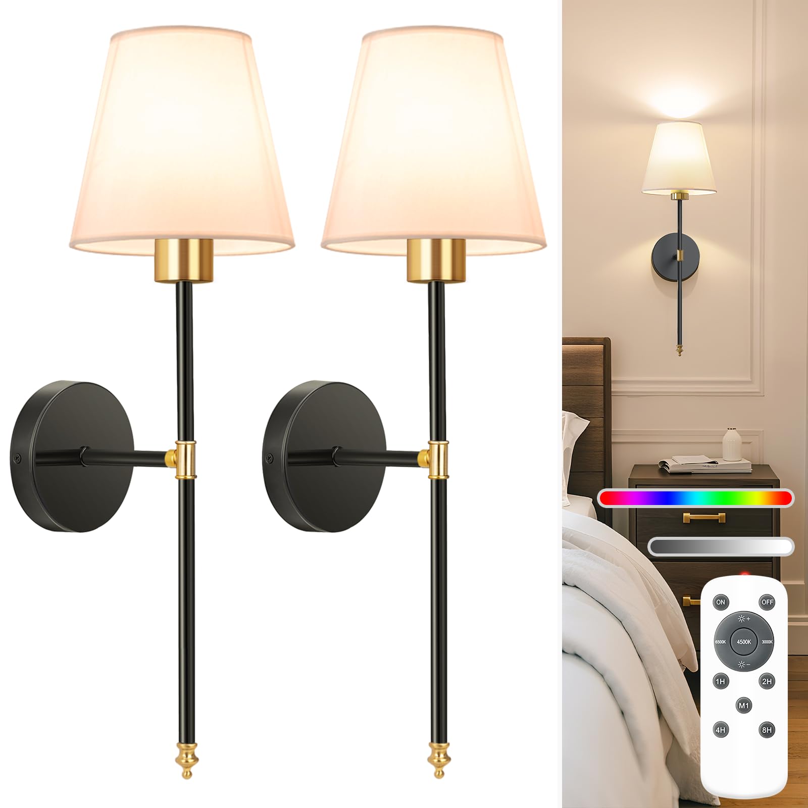 NIORSUN 19.9 inch Battery Operated Wall Sconce Set of 2,Gold-Black Rechargeable Wall Lights with 10400mAh Dimmable Detachable Bulbs and Remote, Wireless Sconces for Bedroom Living Room Hallway