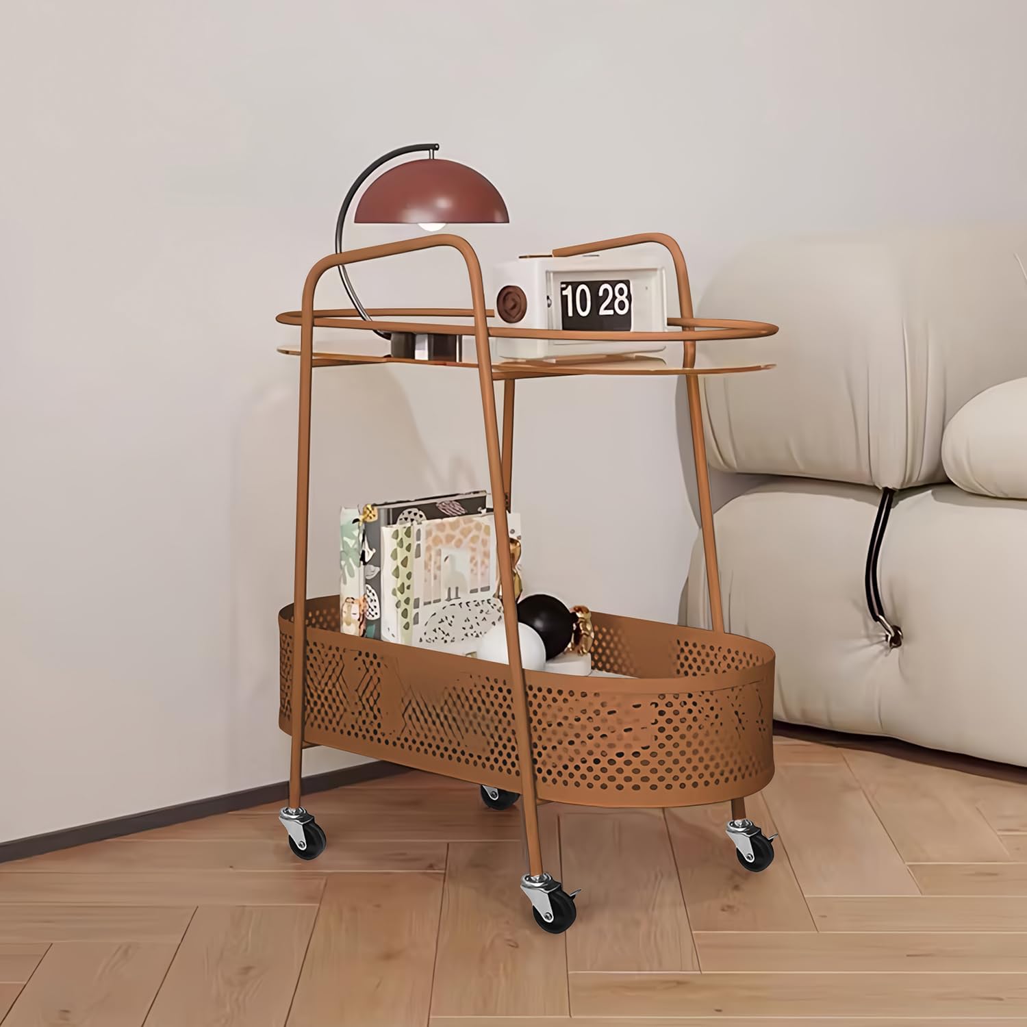 2-Tier Bar Carts with Storage Basket, Modern Rolling Storage Shelves with Wheels and Glass Holder, Metal Round Mobile Bar Serving Cart for Home, Bistro, Kitchen, Living Room, Dining Room (Gold)