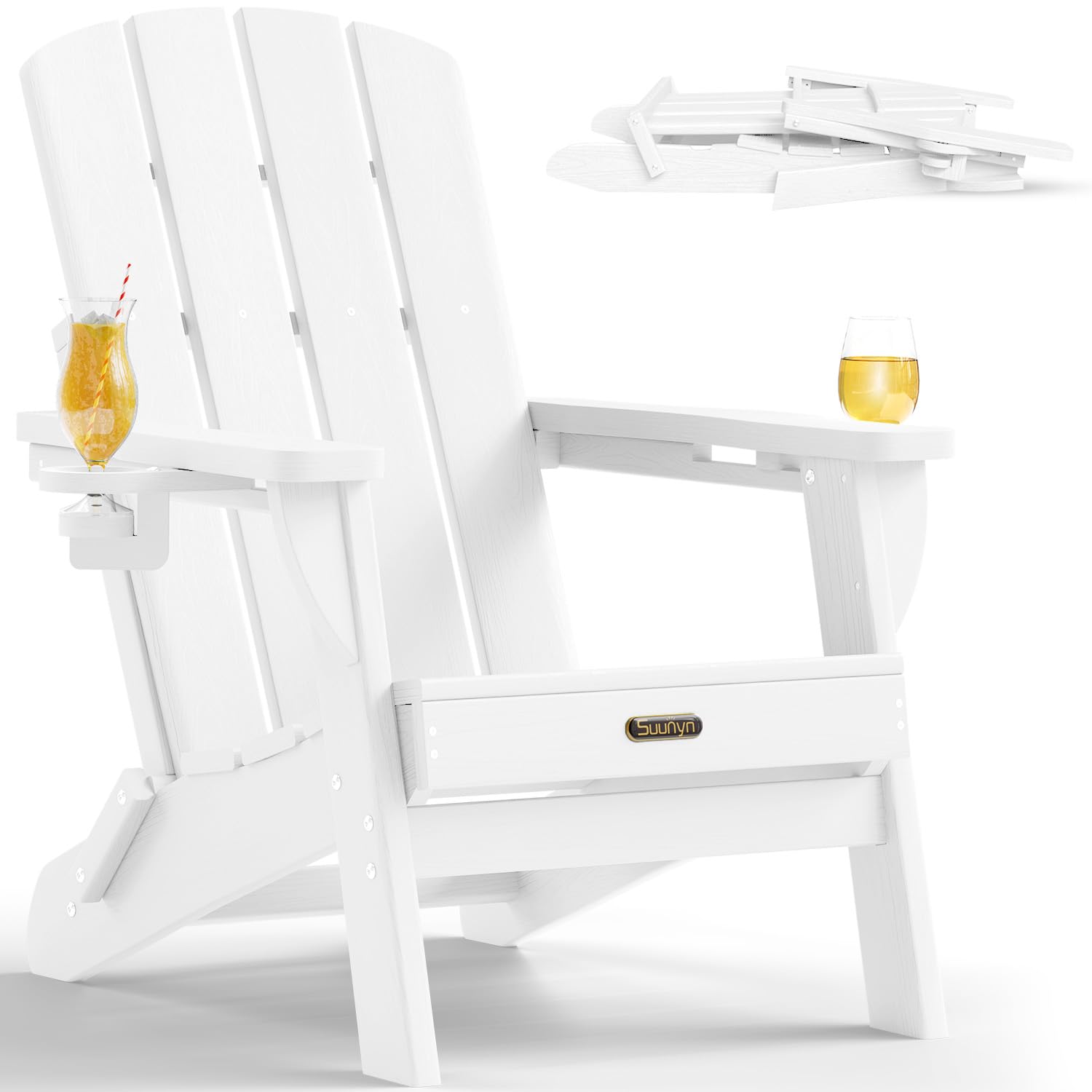 folding adirondack chair, hdpe, 2 cup holders, white | foldable design, all-weather hdpe, fade-resistant, fire pit chair, patio, porch & lawn, easy assembly
