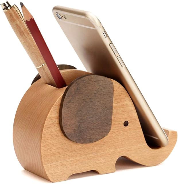 HyFanStr Christmas Gifts for Women, Wooden Phone Stand Elephant Gifts for Women Men, Unique Pen Pot Stationary Pencil Pen Holder Presents for Birthday Fathers Mother Day Xmas Gifts