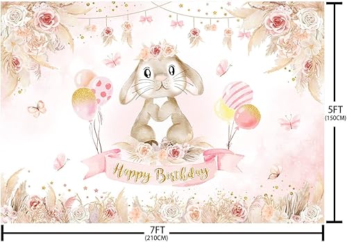 Miniatura 5 de Telón de fondo de feliz cumpleaños de 7 x 5 pies para niñas, decoración de fiesta de cumpleaños de conejito bohemio, suministros de conejo,