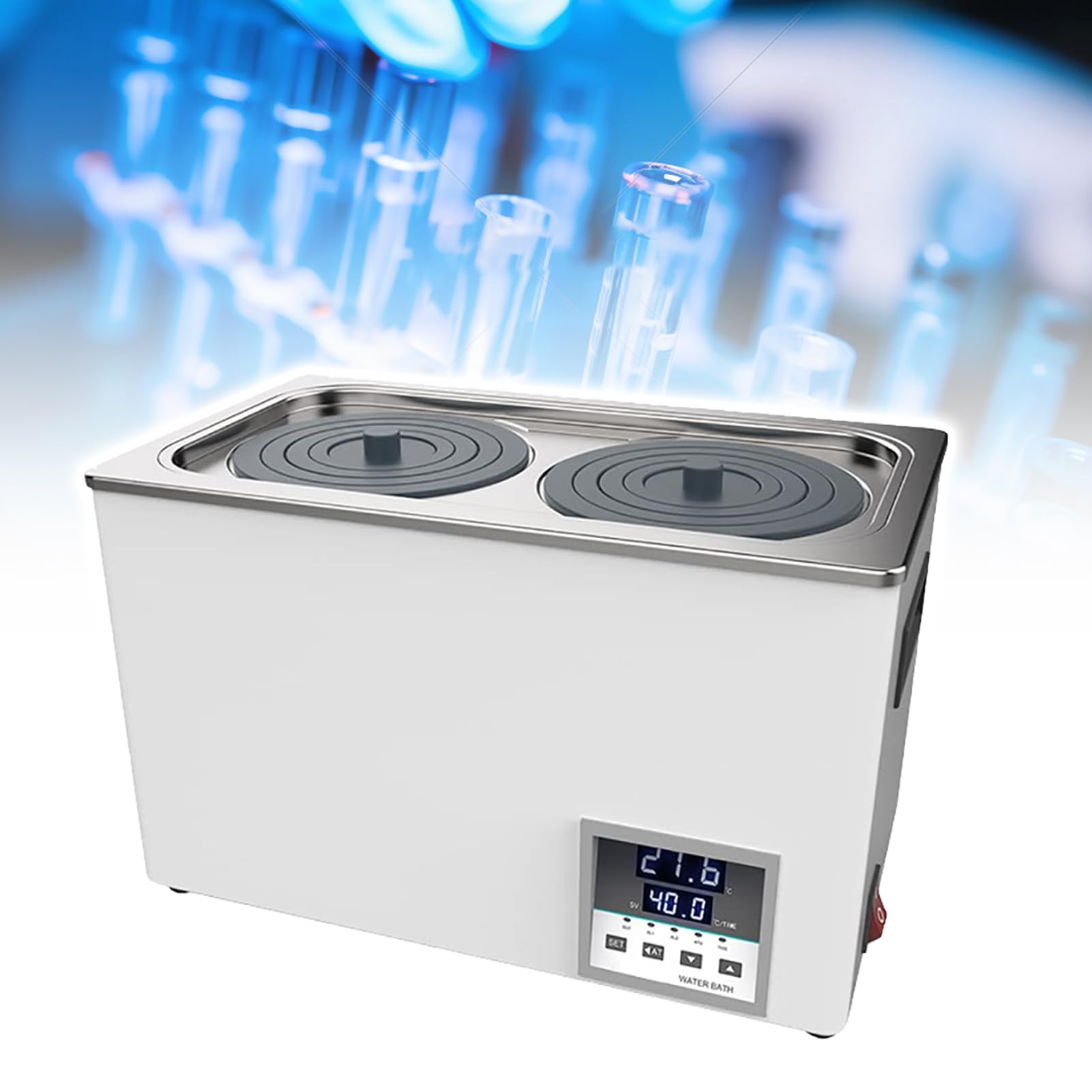 Baño María Digital Termostático, Recubrimiento de Acero Inoxidable para 1/2/4/6/8 Huecos, Calentador para Laboratorio, con Aberturas Seleccionables y Función Antiquemado en Seco