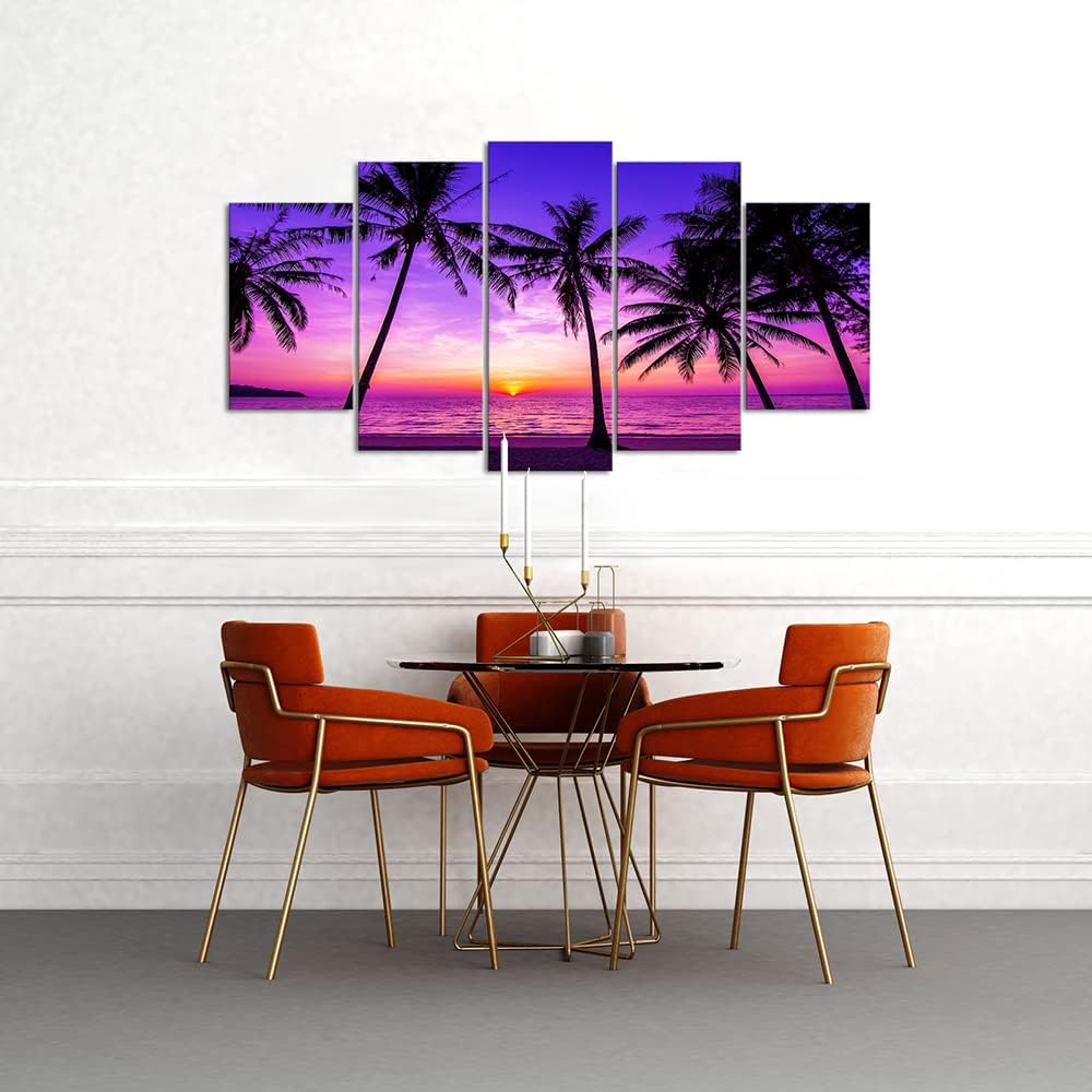 VANSEEING 5 Pieces Canvas Wall Art Tropical Palm Tree Beach Picture Purple Sunset Prints on Canvas Wall Decor Modern Hawaii Landscape Poster Artwork Bathroom Bedroom
