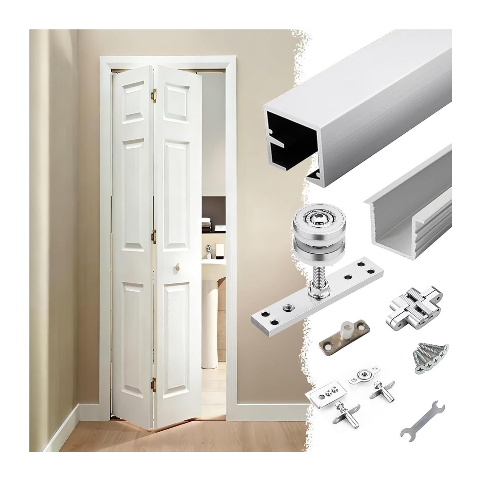 Sliding Door Track, Sliding Door Kit for 2 Bifold Doors with Track Brackets Pivots Guide Wheels(63in/160cm)