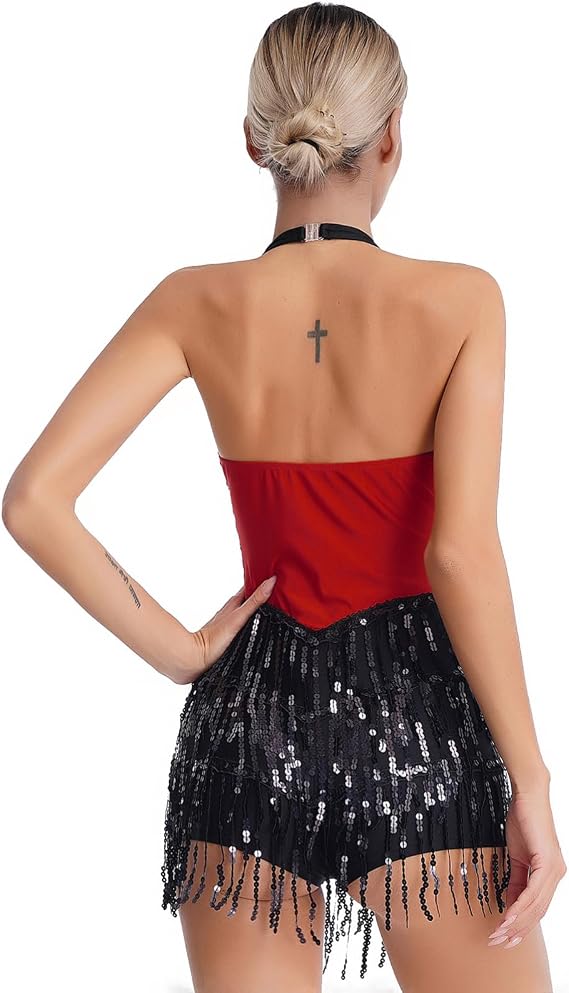 Robe Danse Latino Avec Franges & Paillettes - Dos Nu Sans Manches - Salsa, Tango, Jazz - Femme