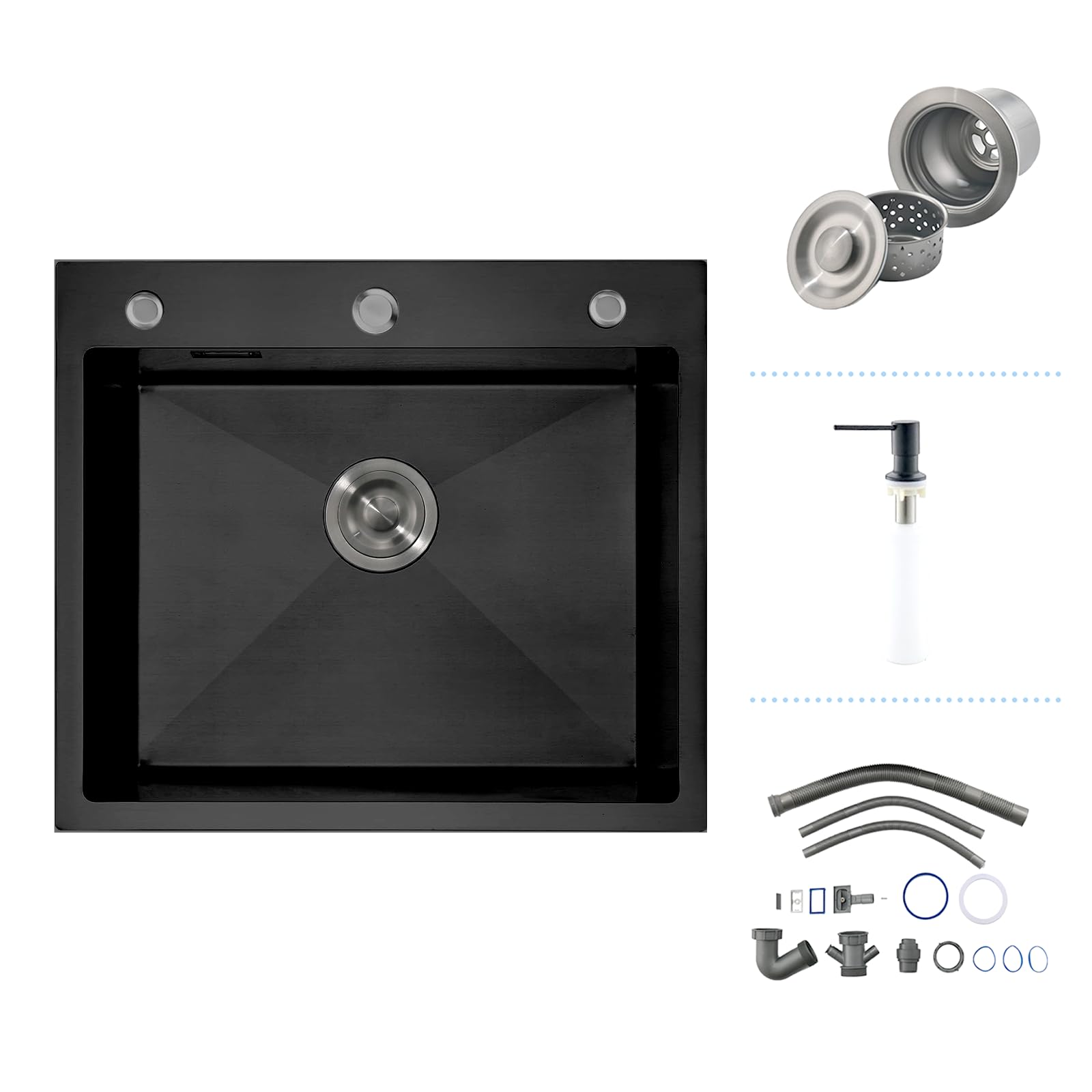 iAnomla Matte Black Single Bowl Kitchen Sink, Stainless Steel Kitchen Basin, 55 x 50 cm Drop in Topmount Black Small Sink with 3 Tap Holes Soap Dispenser and Drain Kit for Farmhouse, Bar, Restaurant