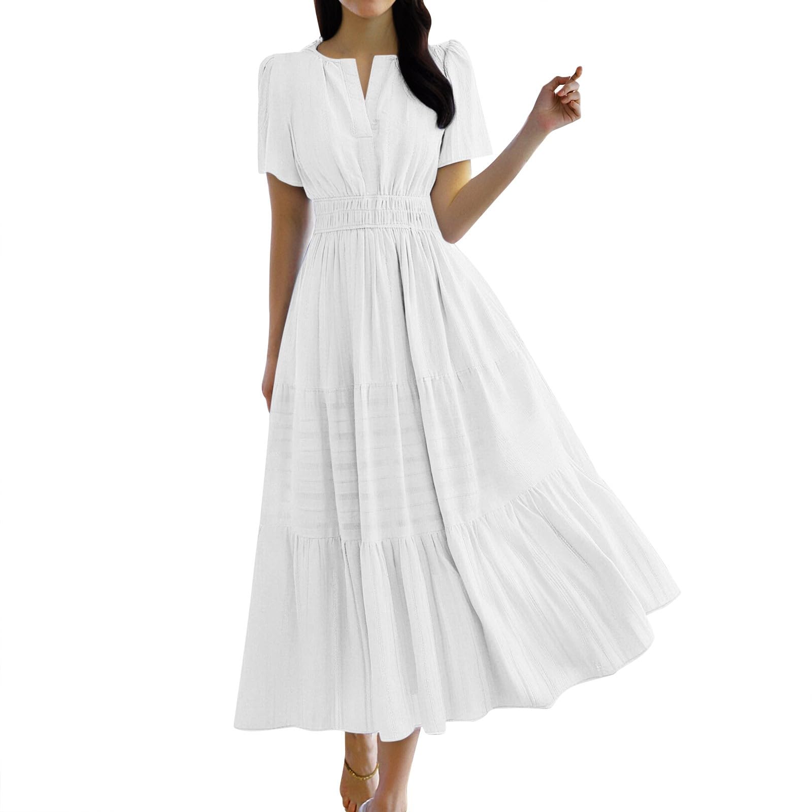 Vestido Mujer Verano Casual Maxi Vestido Largo 2025 Manga Corta Cuello en V Cintura Elástica Elegante Boho Flowy Vestidos Largos Mujeres Ligero Y Ventilado Vestido de Playa Holgado Vestidos Casual