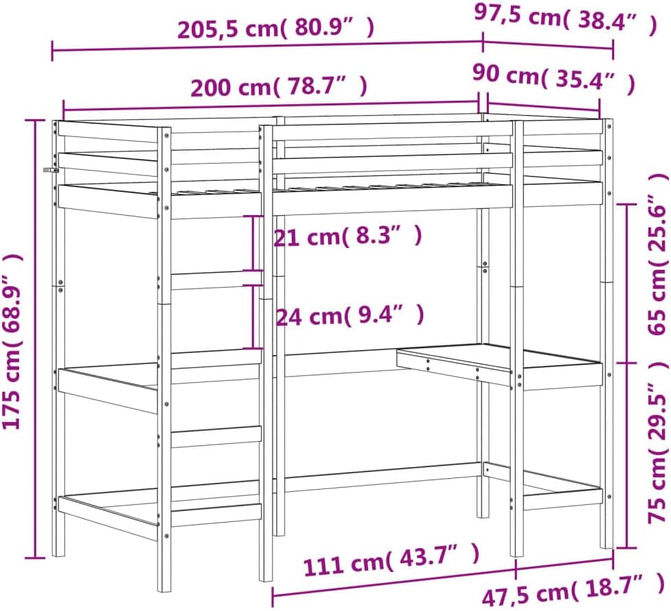 Detailed dimensions diagram of the vidaXL Bunk Bed with Desk