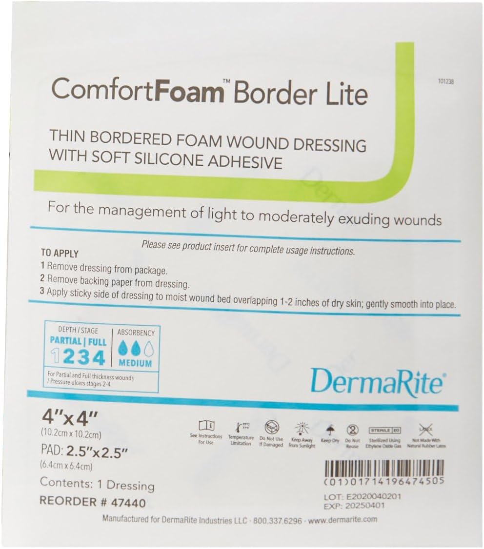 DermaRite's ComfortFoam Border Lite, Thin Foam Wound Dressing - Flexible Soft Silicone, Self Adhesive, No Natural Rubber Latex - 4 in. x 4 in., 1 Count, 10 Packs, 10 Total