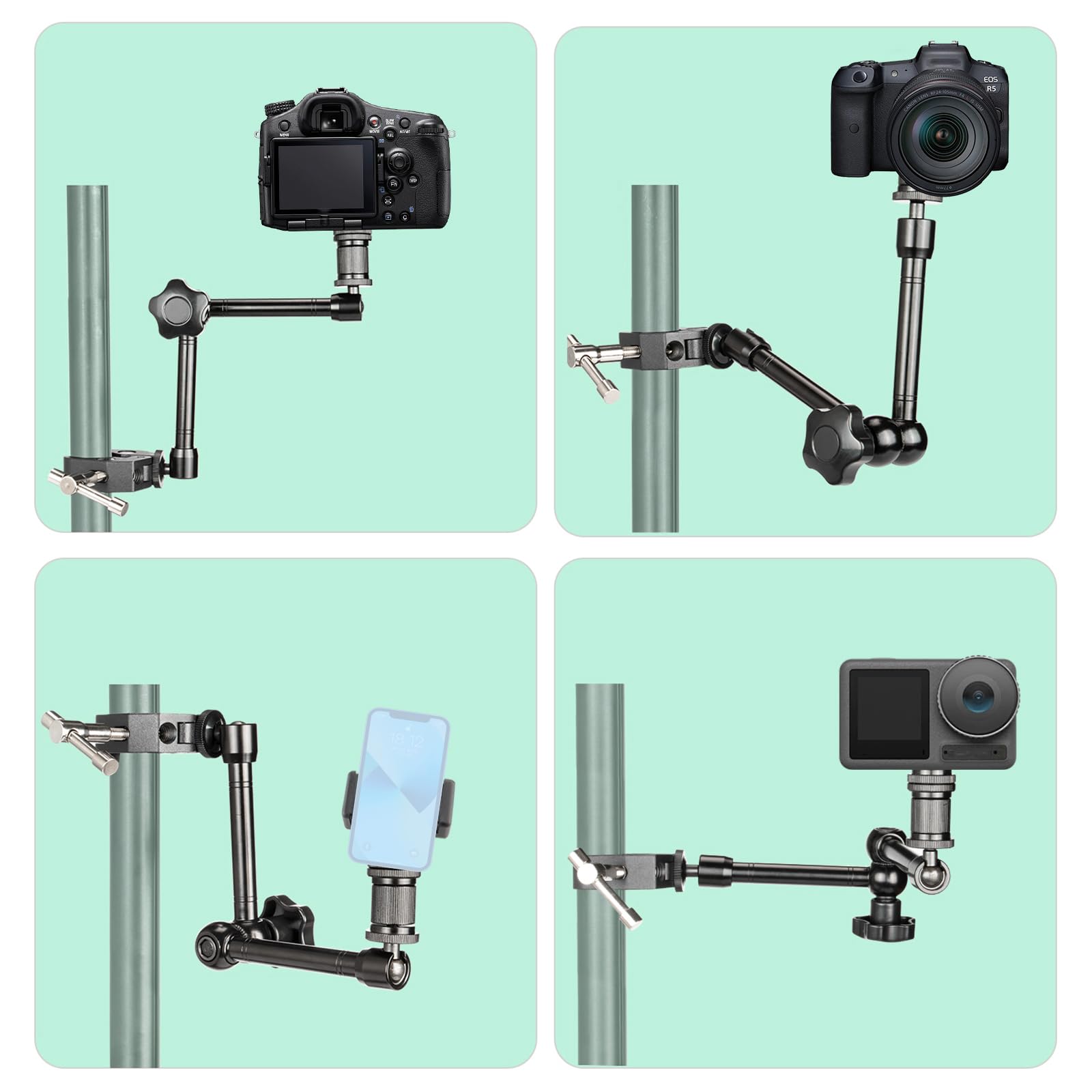 11 Zoll Verstellbarer Gelenkarm Magic Arm, Super Clamp mit 1/4" und 3/8" Schraubenlöchern und Einer Doppelloch-Telefonhalterung für Foto, Video und Kameraausrüstung