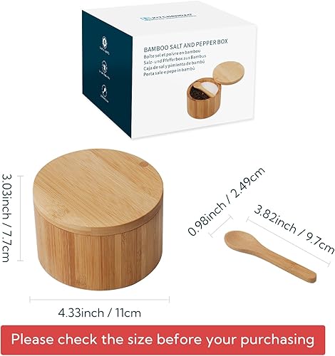 Miniatura 6 de KITCHENDAO Caja de bambú para sal y pimienta, cuchara integrada, contenedor de condimentos de especias de dos compartimentos, soporte para bodega de
