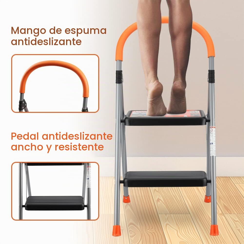 TreeLen Escalera de 2 peldaños, Taburete metálico Plegable para Adultos, Escalera portátil de Acero para Uso intensivo, peldaños Anchos Antideslizantes, Ligera y Resistente