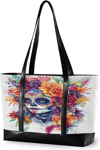 Bolsa de computadora simple del Día de los Muertos para mujer con cremallera maletín para profesor con almuerzo maletín ejecutivo para mujer
