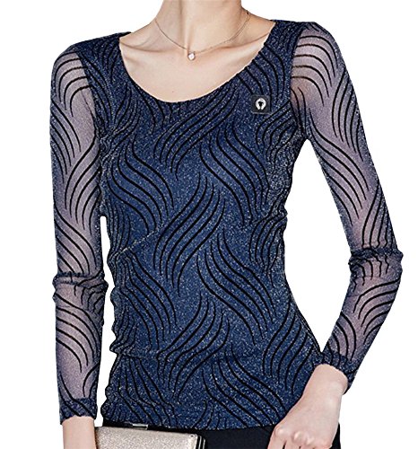 NIXI Women Blouses Long Sleeve Blouse Gauze Print Casual Slim T-Shirts Wrok Tops (US2=S,Blue)