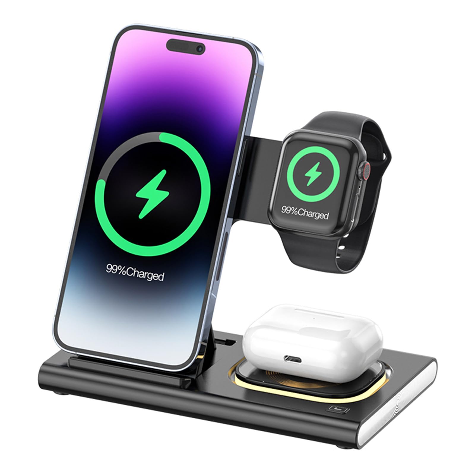 Cargador inalámbrico magnético 3 en 1, puede cargar teléfonos móviles, auriculares y relojes al mismo tiempo, compatible con múltiples dispositivos (16,5 x 14,1 x 1,9 cm), color negro