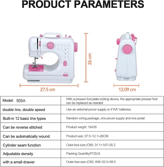 505A Portable Mini Sewing Machine with 12 Stitches (Pink) | Small Household Sewing Machine, Foot Pedal & 2-Speed Control, LED Light, for DIY, Clothing Repair & Home Crafting