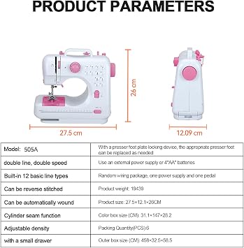 505A Portable Mini Sewing Machine with 12 Stitches (Pink) | Small Household Sewing Machine, Foot Pedal & 2-Speed Control, LED Light, for DIY, Clothing Repair & Home Crafting