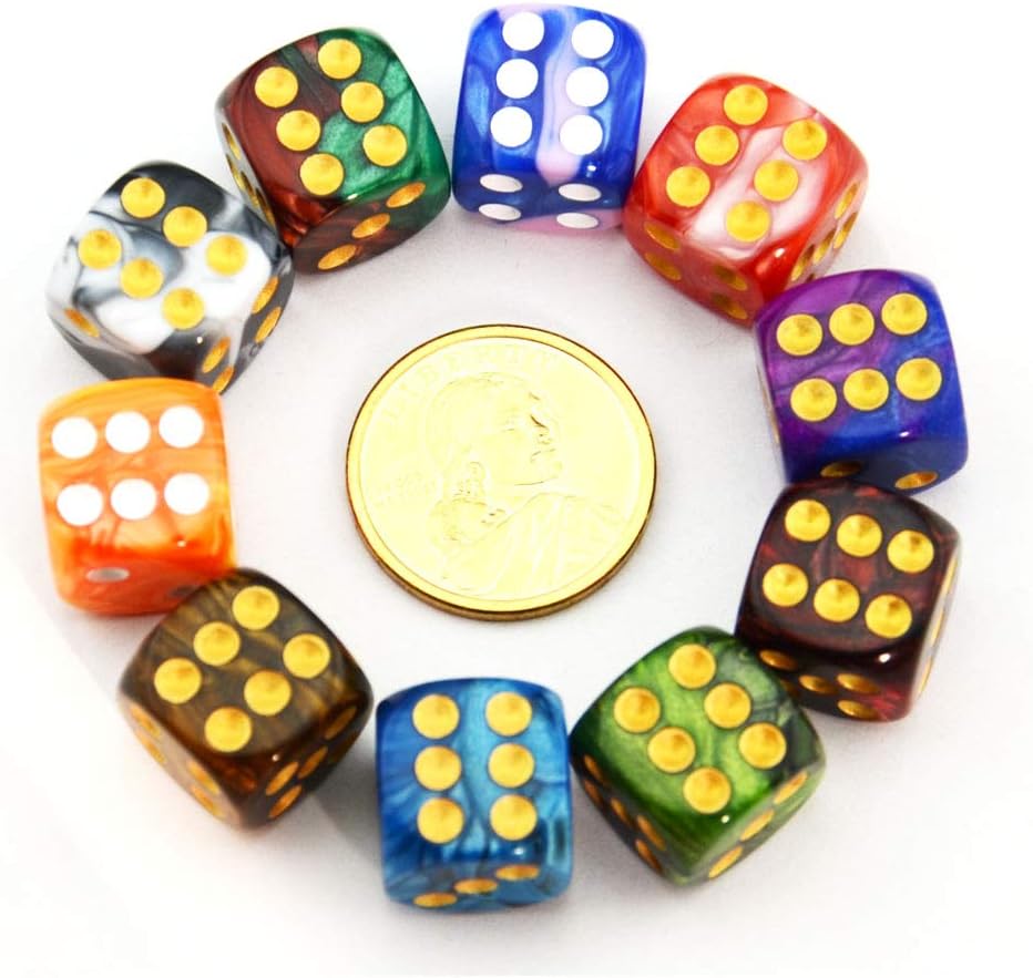 SmartDealsPro 10-Pack D6 Six Sided 16mm Dice Die for DND, MTG, RPG, Tenzi, Yahtze, Bunco, Table Borad Games, Math Teaching… (Color 2)