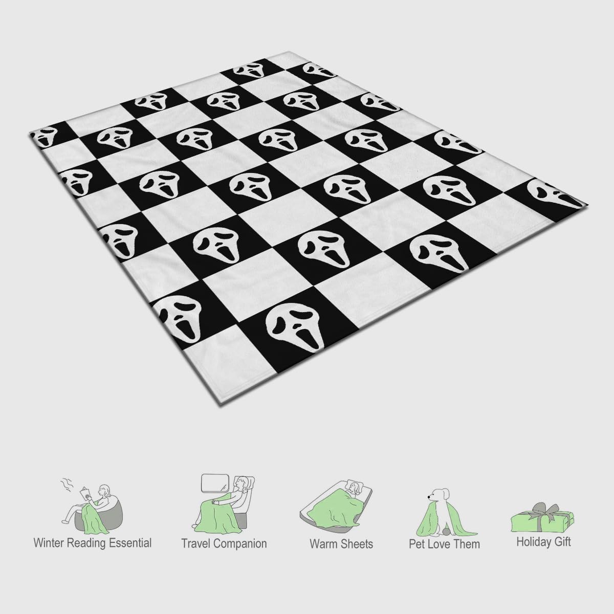Horror Face Throw Blanket, Black and White Checkered Pattern, Halloween Ghost Blankets Fuzzy Gifts for Sofa Couch Bedroom (80" x 60")
