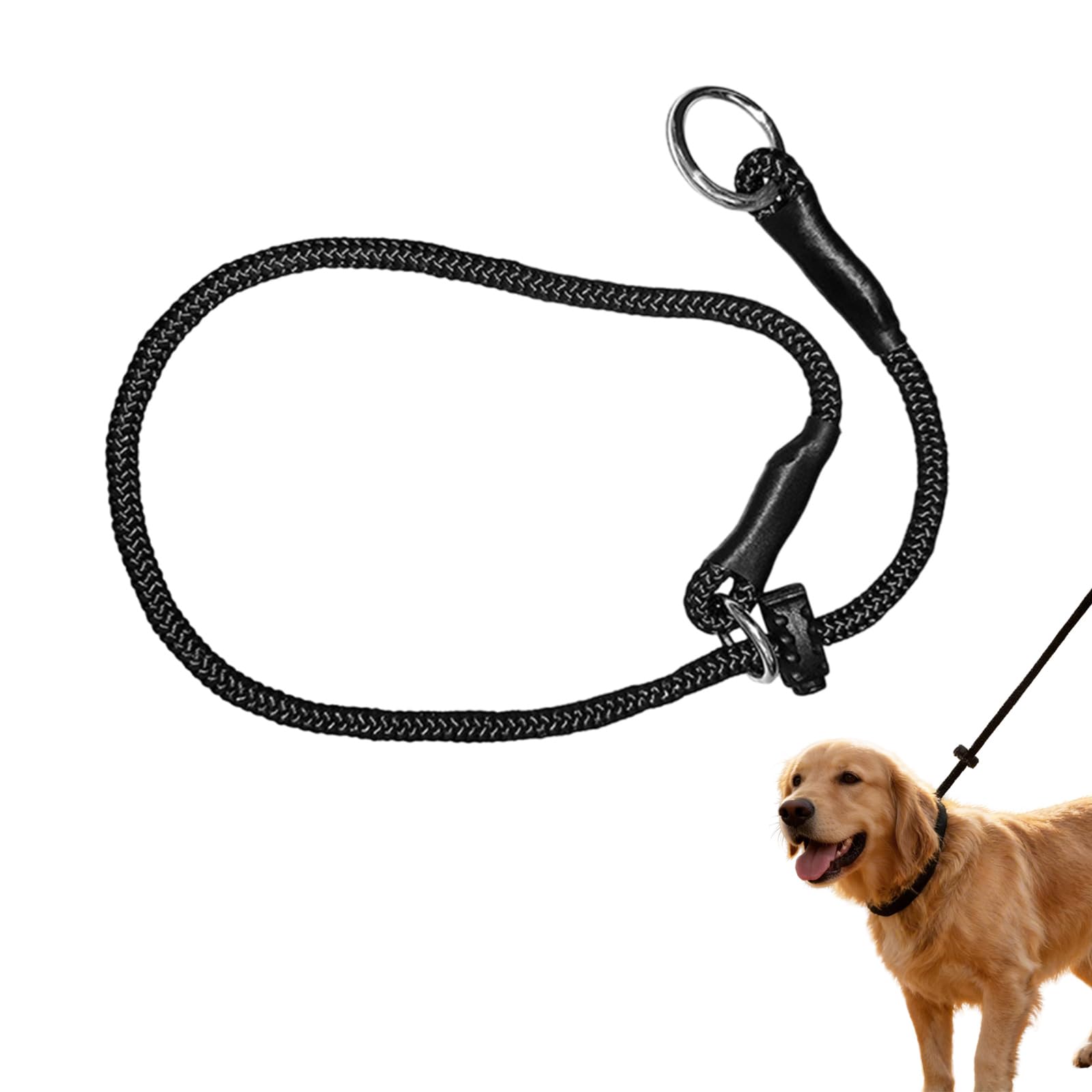 Slip Dog Collar Nylon, P Collar Dogs Training for K9 IGP Obedience, Thin Strong Cord with Adjustable Limiter, Waterproof Handmade with Chromed Rings, Professional Tool for Agitation Bite Work Black L
