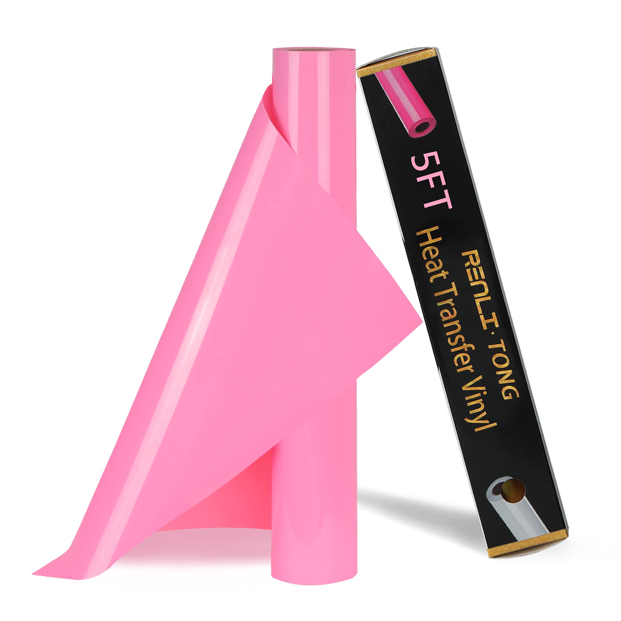 RENLITONG Pink Iron on Vinyl - 12Inch by 5ft Roll HTV Heat Transfer Vinyl for T-Shirt HTV Rolls for All Cutter Machine - Easy to Cut &amp; Weed for Heat Transfer Design