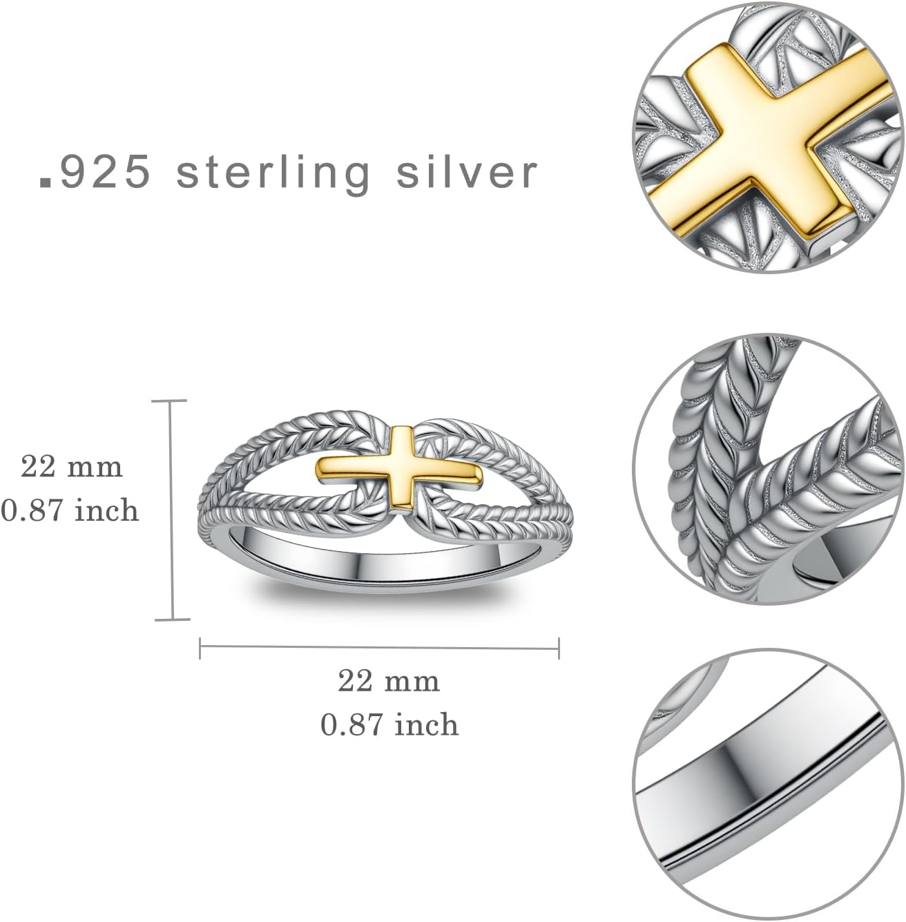 Two Tone Ring 925 Sterling Silver Gold and Silver Chunky Band Rings for Women Faith Cross Ring Mixed Metal Jewelry for Women