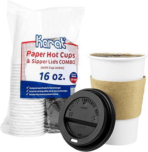Karat C-HC16W-COMBO- Taza caliente de papel blanco de 16 onzas con tapa de sorteo de PP negro y chaqueta de taza (25 juegospaquete, 10