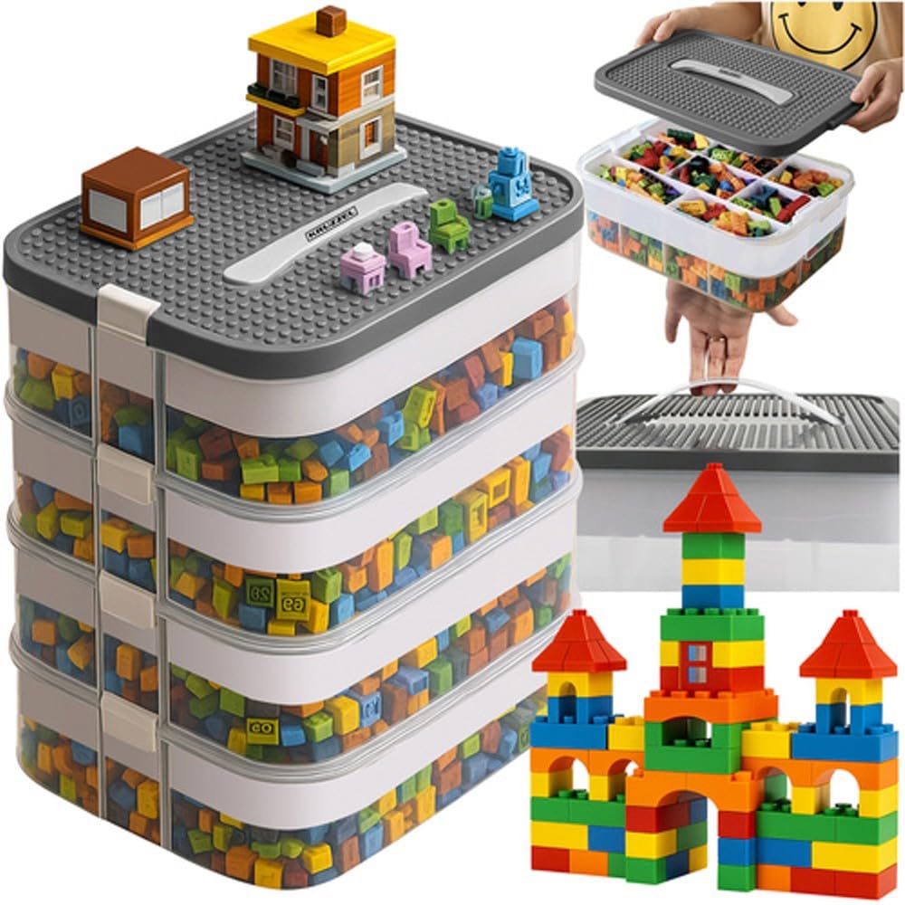 KRUZZEL Bausteine Aufbewahrungsbox 29L mit Griff & Trennwänden – 4 Etagen Stapelbox Transparent für Spielzeug & Schulbedarf Kinder
