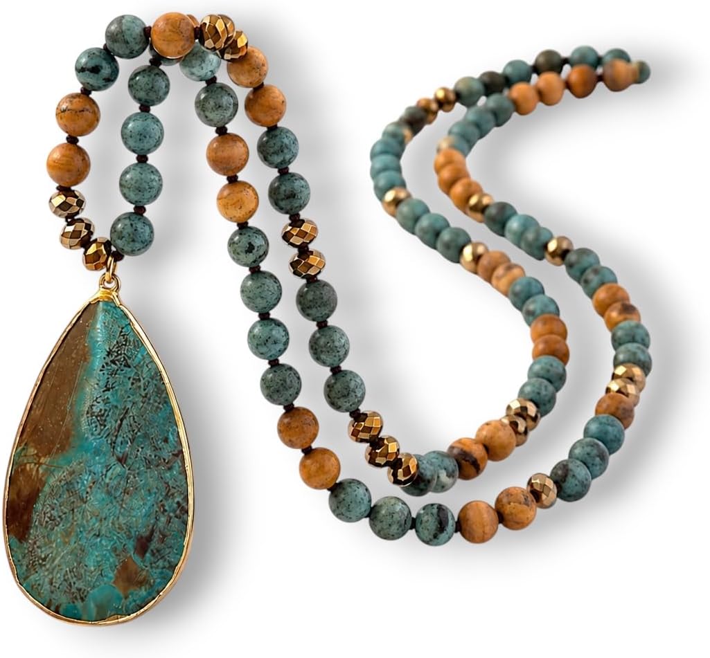 Long Genuine Stone beads and Pendant Necklace for Woman. Hand Knotted natural stone beads with big non-precious stone statement necklace. HANDMADE Boho Jewelry for women.