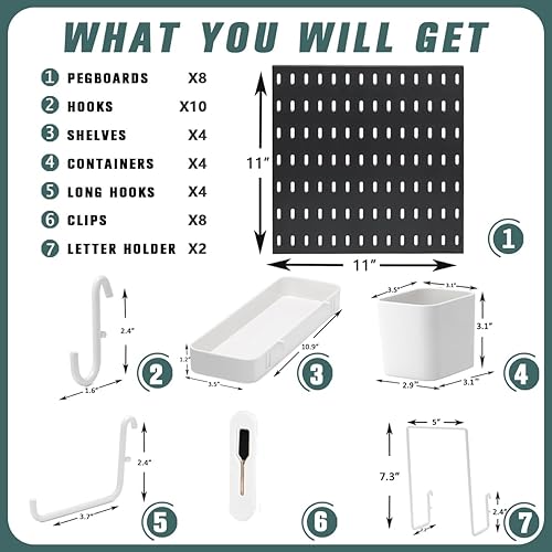 Miniatura 4 de Kit combinado de tablero de clavijas, juego de almacenamiento montado en la pared con 8 tableros de clavijas y 28 accesorios para colgar,