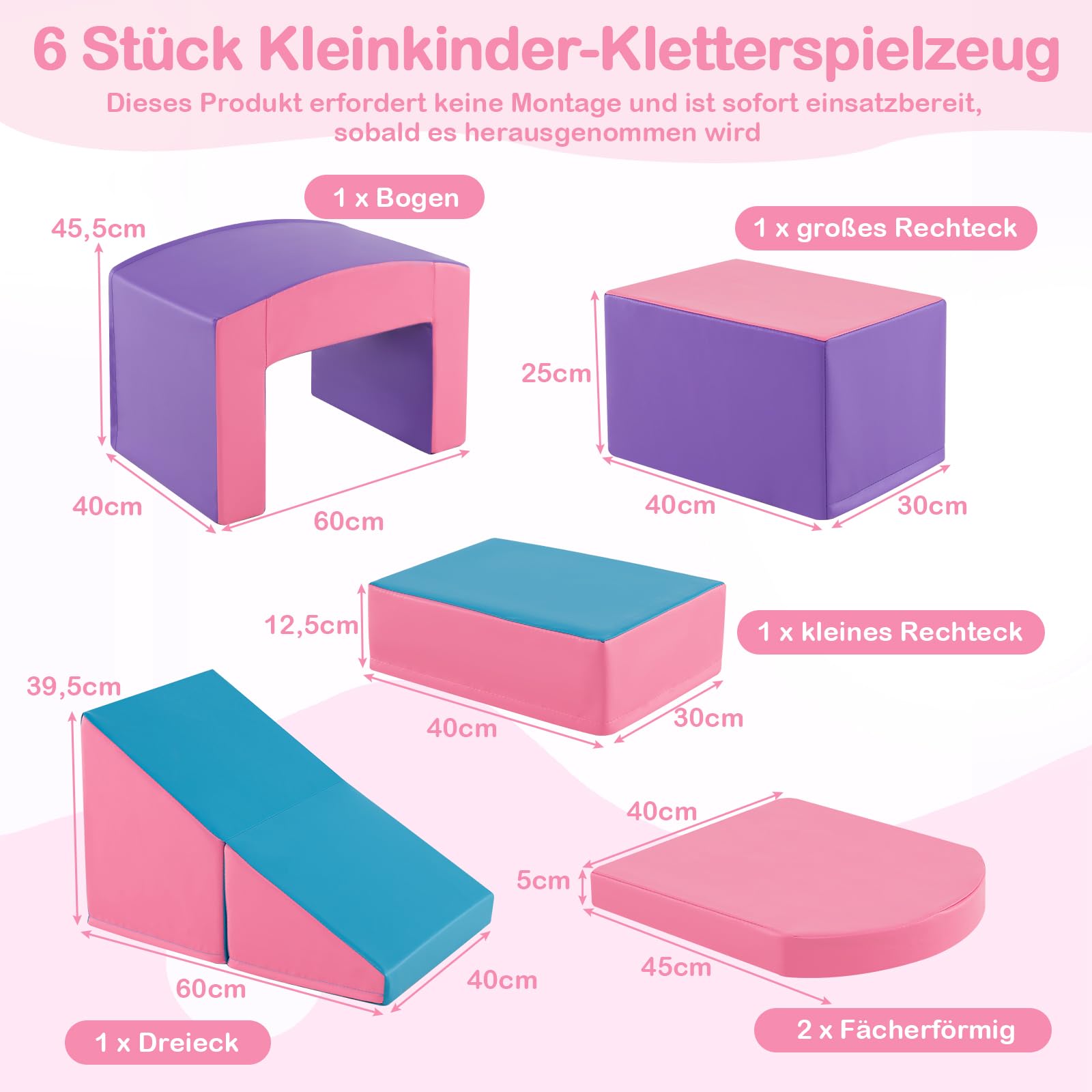 GOPLUS Zestaw 6 klocków piankowych, miękkie klocki do wspinaczki i zjeżdżania, ogromne klocki ze sztucznej skóry i pianki, duże klocki miękkie dla małych dzieci od 1 roku (różowe)