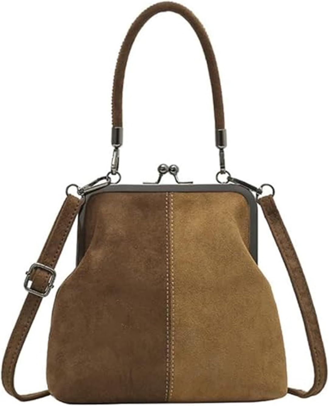 Kiss Lock Shoulder Crossbody Bag，Suede Color Block Frame Bag，Vintage Top Handle Handbag Satchel