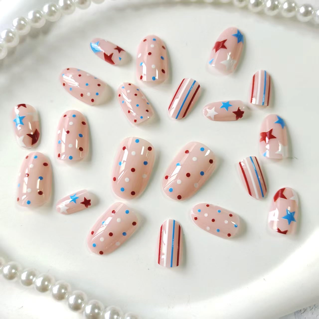 24Pcs 4th of July Press on Nails Short Almond Red Blue Polka Dot Nails Cute Fake Nails with Stars Designs Independence Day Nail Kits Patriotic Acrylic Nails Star Stick on Nails for Women