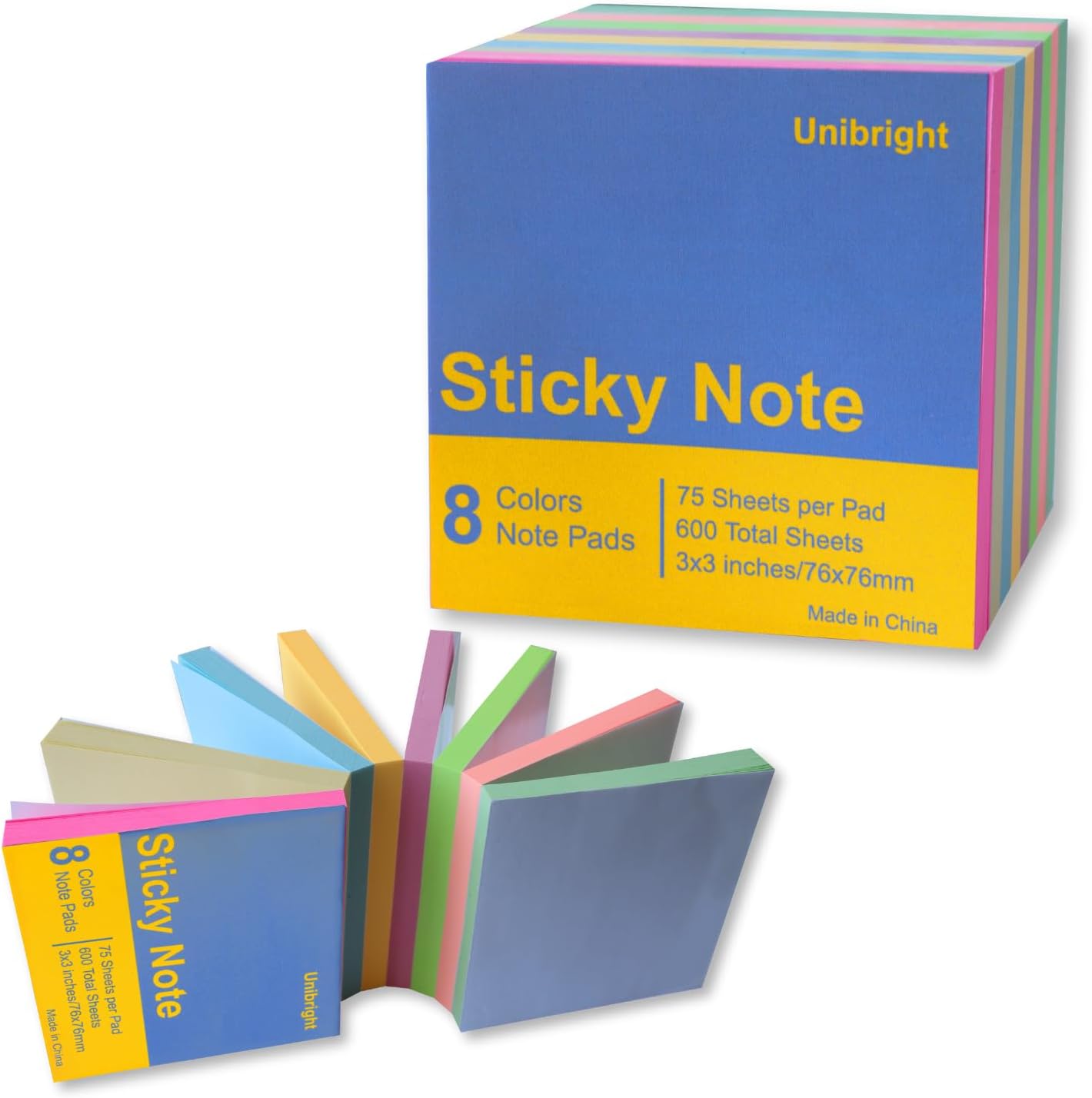 Amazon.com : UniBright Sticky Notes, 3x3 Inches, 8 Colors 600 Pcs, Use ...